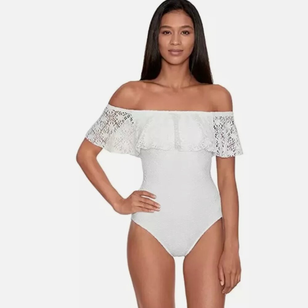 Lauren Ralph Lauren White Off Shoulder Crochet Bathing Suit, Size 14 (US)